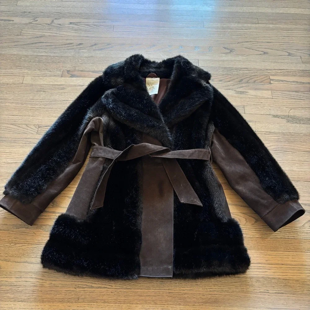 Vintage Rosewin Tissavel Brown Faux Fur Suede Belted Mid Coat Jacket Womens M‎ L